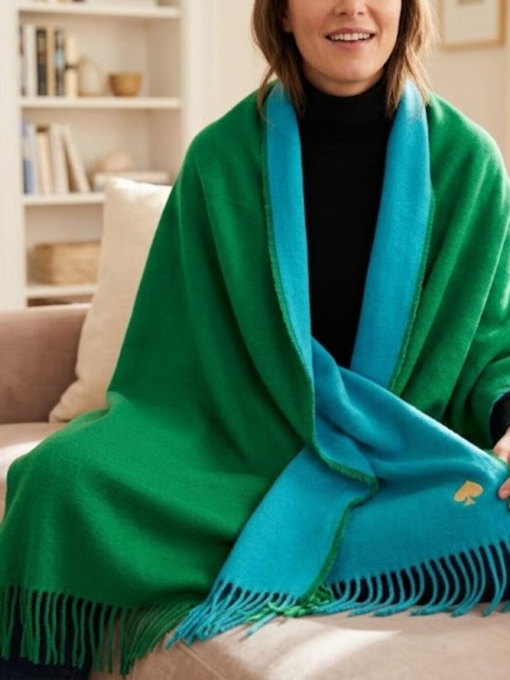 Kate Spade Reversible Blanket Scarf Throw - Green & Turquoise Fringe (53" x 70")
